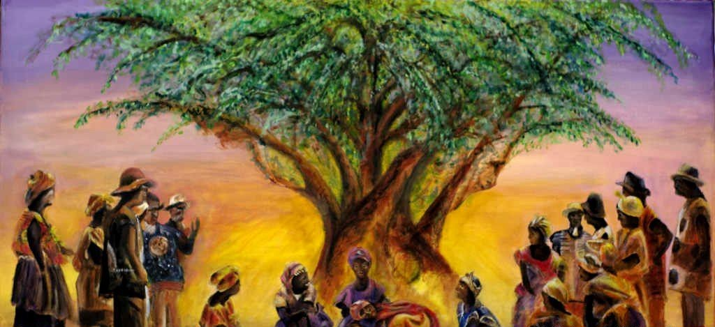 Peinture d'un cercle réuni sous un arbre à palabres